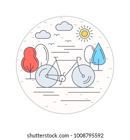 Minimalistic landscape with city bike. Stylish thin line bicycle. Sunny clear weather. Outdoor activity, eco tourism concept. Vector illustration in flat linear style.