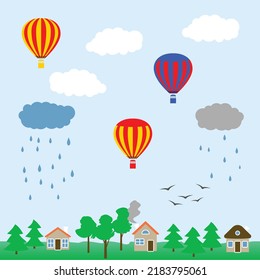 Minimalistic landscape - clouds, rain, flying bird, hot air ballons, trees and houses