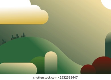 Un paisaje minimalista en una ilustración plana con Gradientes suaves de colinas verdes, nubes amarillas y un cielo sutil. Limpio y abstracto, perfecto para fondos, temas de naturaleza o diseño moderno.