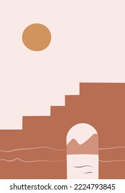 Minimalistic landscape in flat style with arc, river, mountains, sun. Perfect for wall art in the style of mid century modern