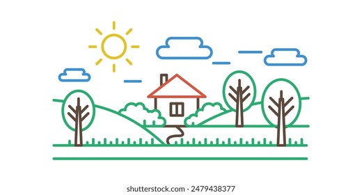 Minimalistic landscape with house among fields and green hills, line icon vector illustration