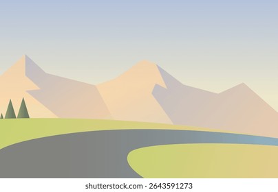 A minimalistic landscape illustration depicting rolling hills, distant mountains, and a winding road under a clear sky