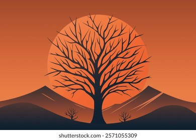 minimalistic landscape illustration red sun tree and mountains flat vector