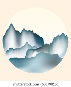 Minimalistic landscape with mountains in circle. Traditional oriental ink painting sumi-e, u-sin, go-hua. 