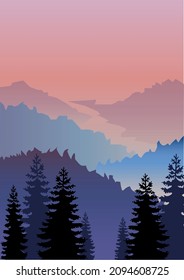 Minimalistic landscape of mountains and pines in purple shades