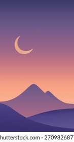 Minimalistic landscape in Nordic style. Gradient vector art in purple colors. Hand drawn original illustration.