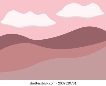 Minimalistic landscape in pink tones. Hills at sunset, the sky with clouds
