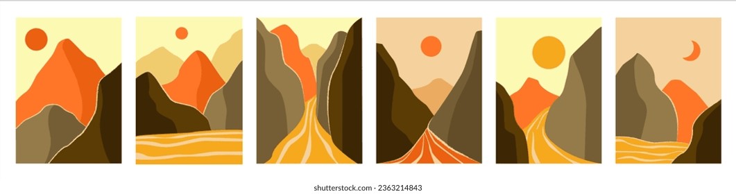 Minimalistic landscapes. Simple mountain, sun and moon. Wall art and posters. Rock peaks panorama. Desert backdrop. Flat scenery scandinavian design. Hand drawn background. Vector illustration