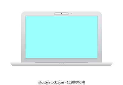 Minimalistic laptop with blue screen on white background