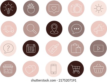 Minimalistic large set of highlights covers. Abstract patterns and stamps in a feminine palette. Line style graphics isolated vector template. Icons in a circle on a white background.