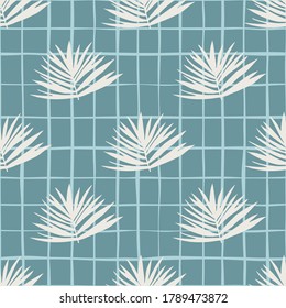 Minimalistic leaves cluster seamless pattern. White foliage on soft blue background with check. Great for wrapping paper, textile, fabric print and wallpaper. Vector illustration.