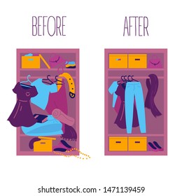 Minimalistic lifestyle concept.Two wardrobes with clothes, one before cleaning and sorting, the other after.Disorder and order after sorting things. Vector illustration.