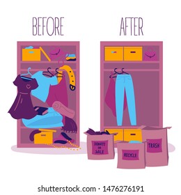 Minimalistic lifestyle concept.Two wardrobes with clothes, one before cleaning and sorting, the other after.Disorder and order after sorting things. Vector illustration.