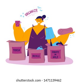 Minimalistic lifestyle concept.A young woman sorts out her unnecessary things and sorts them into boxes - trash, donate or sell, recycle.Conscious consumption.Vector illustration.