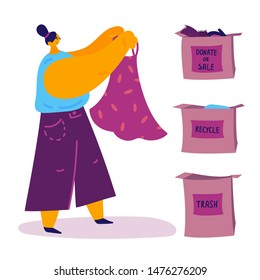 Minimalistic lifestyle concept.A young woman sorts out her unnecessary clothes and sorts them into boxes - trash, donate or sell, recycle.Conscious consumption.Vector illustration.