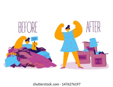 Minimalistic lifestyle.A woman is stuck in a pile of unnecessary clothes and things and wants to sort them.Before and after sorting things concept.Three boxes-donate,sale,trash.Conscious consumption.