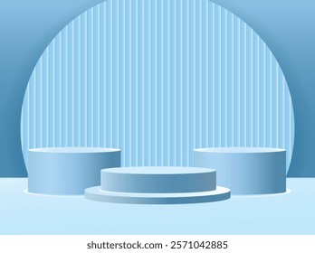 Minimalistic light blue podium with vertical stripes and rounded arch background for product display
