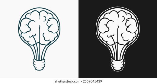 Minimalistic light bulb combined with brain shape presented in two styles: white on black and black on white. Ideal for business, education, and creativity themes.