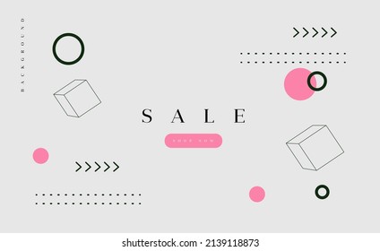 Minimalistic light gray template with different geometric forms pink and black colores and button and lettering sale