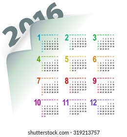 minimalistic light multicolor 2016 calendar design - week starts with sunday