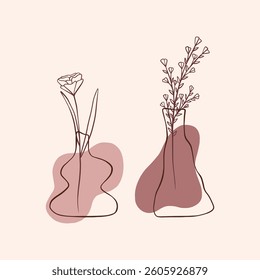 Minimalistic line art ceramic pots with leaves, vector line art