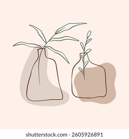 Minimalistic line art ceramic pots with leaves, vector line art