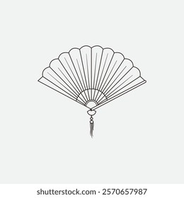 Minimalistic line art of a decorative hand fan featuring graceful curvature and an attached tassel, symbolizing cultural elegance and tradition. Perfect for themes of minimalism, Asian style art.