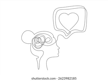 Minimalistic line art depicting a female profile with delicate flowing lines and a heart shape. Editable stroke.