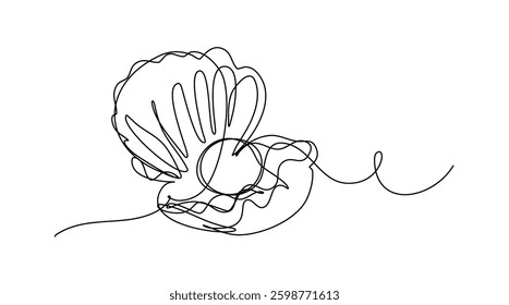 Minimalistic line art depicting an open seashell with a pearl inside on a white background. Simple flowing lines create a graceful and artistic representation.