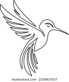 Minimalistic line art depiction of a hummingbird gracefully soaring, showcasing elegance, motion, and simplicity of design.