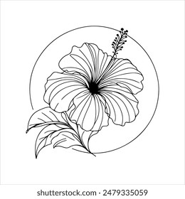 Minimalistic line art drawing of a hibiscus flower enclosed in a circle. Black and white floral illustration with leaves for decoration or tattoo design.