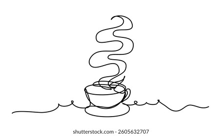 Minimalistic line art drawing of steaming coffee cup black on white background capturing warmth and relaxation for cafes blogs and kitchen decor Line art editable continuous concept.