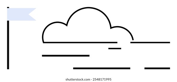 Minimalistic line art features a cloud beside a flag on a flagpole. Simple and clean design highlights a serene clear sky. Ideal for weather themes, web design, graphical presentations, childrens