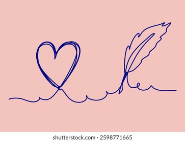 Minimalistic line art featuring a blue heart and feather on a soft pink background conveys themes of love and creativity through elegant simplicity.