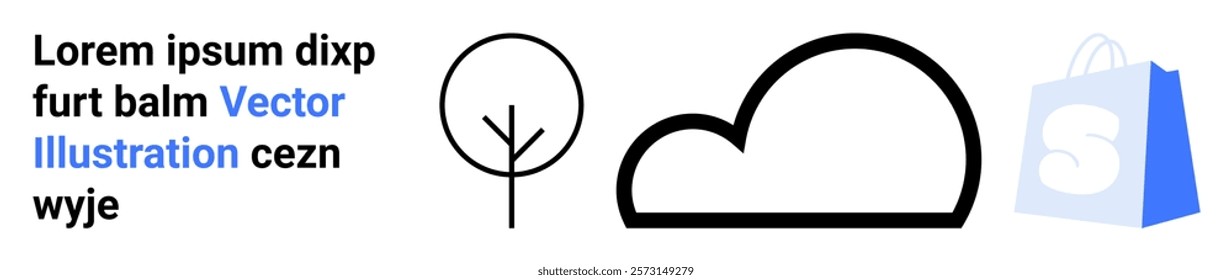 Minimalistic line art featuring a tree a cloud and a shopping bag icon accompanied by dummy text. Ideal for nature technology e-commerce marketing and design-related themes. Landing page