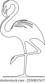 Minimalistic line art of a flamingo standing on one leg, showcasing elegant and graceful aesthetics. Ideal for use in design projects needing modern, clean, and artistic representations.