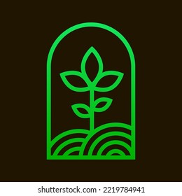 minimalistic line art green arc sign of sprout in the field in the style of stained glass