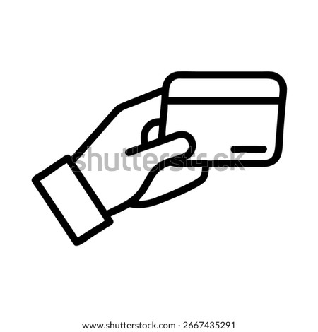 Minimalistic line art of a hand presenting a credit card, representing a simple and efficient payment process. Easy to use icon, on transparent background.
