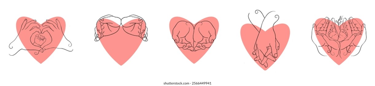 Minimalistic line art of hands forming heart shapes with a red heart background, symbolizing love, care, family, and togetherness in a modern design