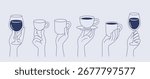 Minimalistic line art of hands holding various cups and wine glasses, drawn in a modern graphic style on a light background. Concept of drinks and lifestyle. Vector illustration