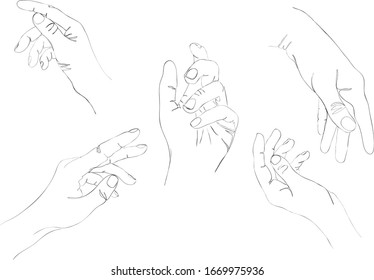 Minimalistic line art hands. Set of five designs of hands.