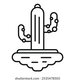 Minimalistic line art icon of a cactus growing from a piece of flying ground