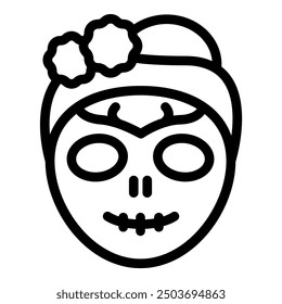 Minimalistic line art icon of frida kahlo represented as a calavera catrina with flowers in her hair