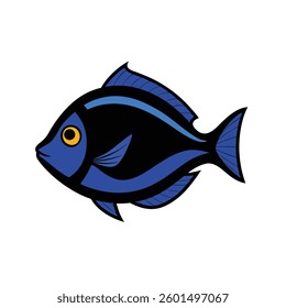 A minimalistic line art illustration of a blue tang fish, elegantly drawn in black on a clean white background.