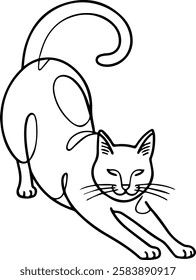 A minimalistic line art illustration of a cat stretching.