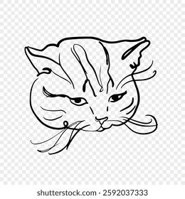 Minimalistic line art illustration of a cats face drawn in black line style. The transparent background highlights the delicate and intricate details of the feline expression.