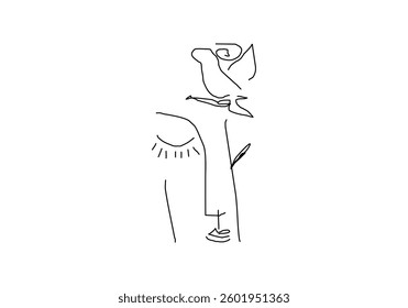 minimalistic line art illustration combining a blooming rose and a woman's face in an abstract style.