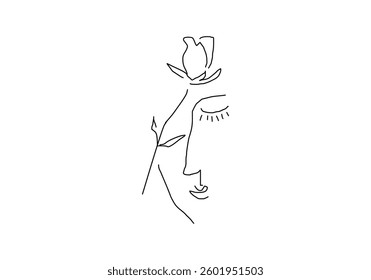 minimalistic line art illustration combining a blooming rose and a woman's face in an abstract style.