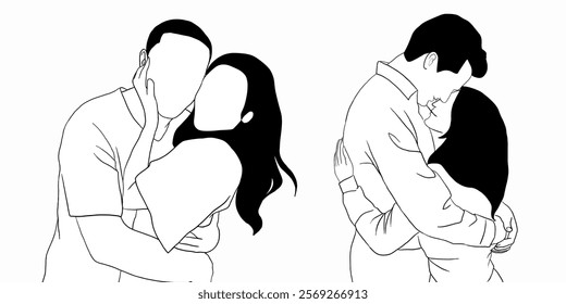 Minimalistic line art illustration of a couple sharing a heartfelt embrace, representing love, intimacy, romance, and emotional connection.