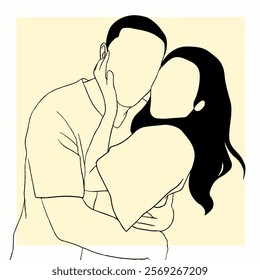 Minimalistic line art illustration of a couple sharing a heartfelt embrace, representing love, intimacy, romance, and emotional connection.